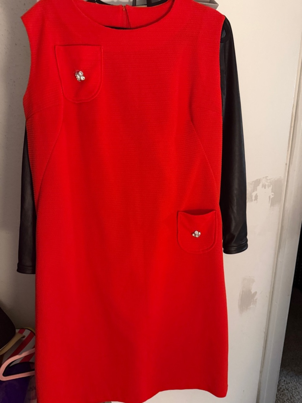 Vintage Red Dress with Black Faux-Leather Long Sleeves